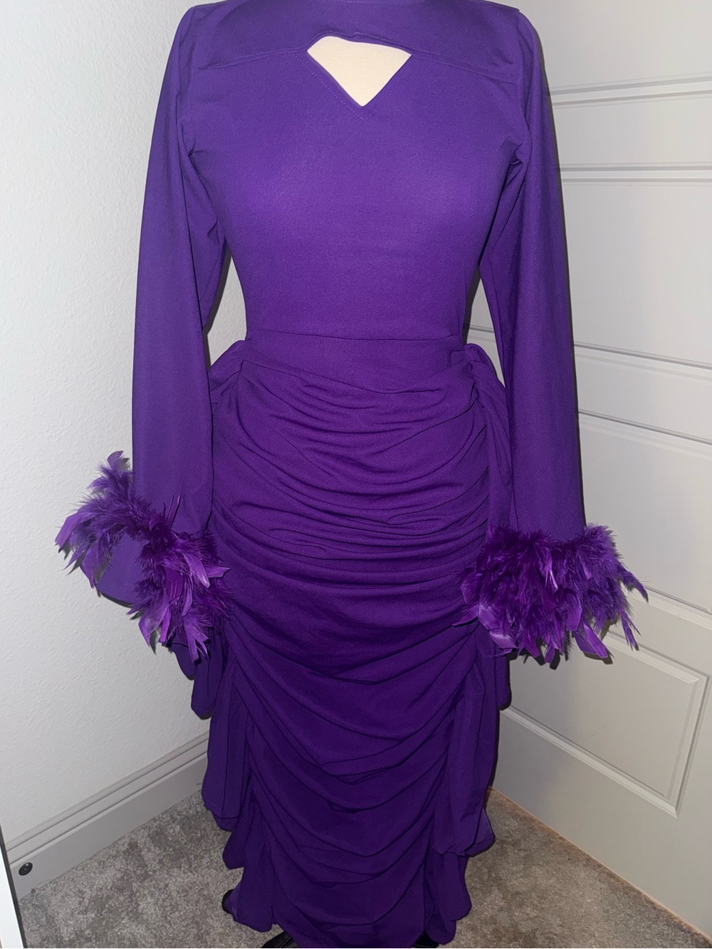Purple Feather-Trim Ruched Long-Sleeve Dress